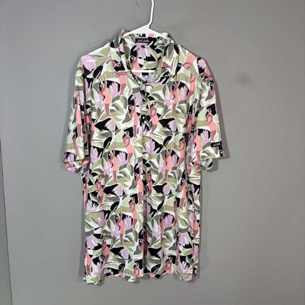 Bad Birdie Polo Shirt Mens XL Pink Green Allover Pinup Tropical Golf Stretch Top